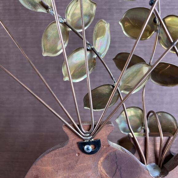 Vintage Metal Leaf Wood Vase Wall Hanging – Gold Eucalyptus Trio – Mid Century - Picture 14 of 14